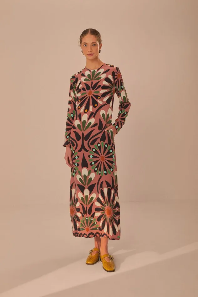 Women Pink Ainika Flowers Long Sleeve Maxi Dress Ainika Flowers Pink FARM Rio Maxi Dresses