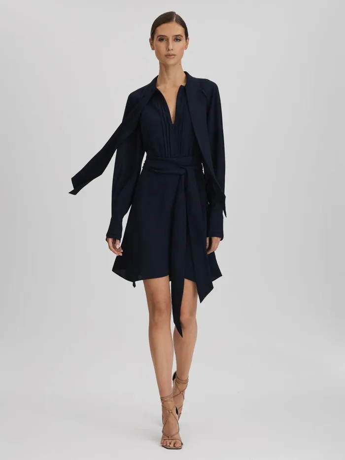 Women Reiss Dresses Ellie Tie Neck Zip Front Mini Dress Navy