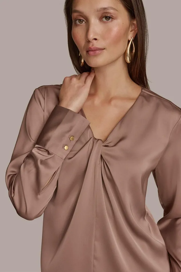 Women Sweaters And Tops Donna Karan TWIST NECK BLOUSE Mink