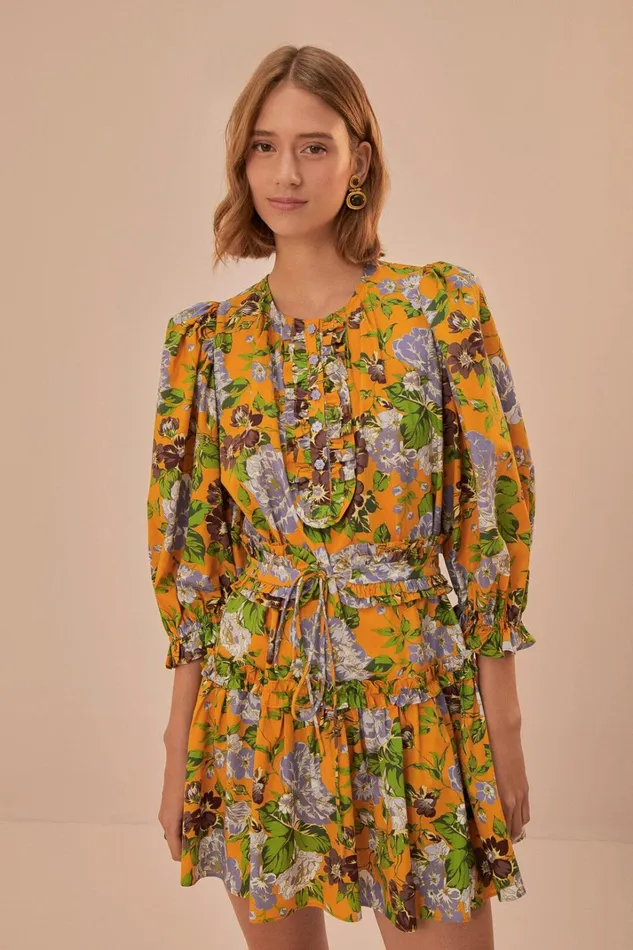 Women Yellow Capri Floral Short Sleeve Mini Dress Capri Floral Yellow FARM Rio Mini Dresses