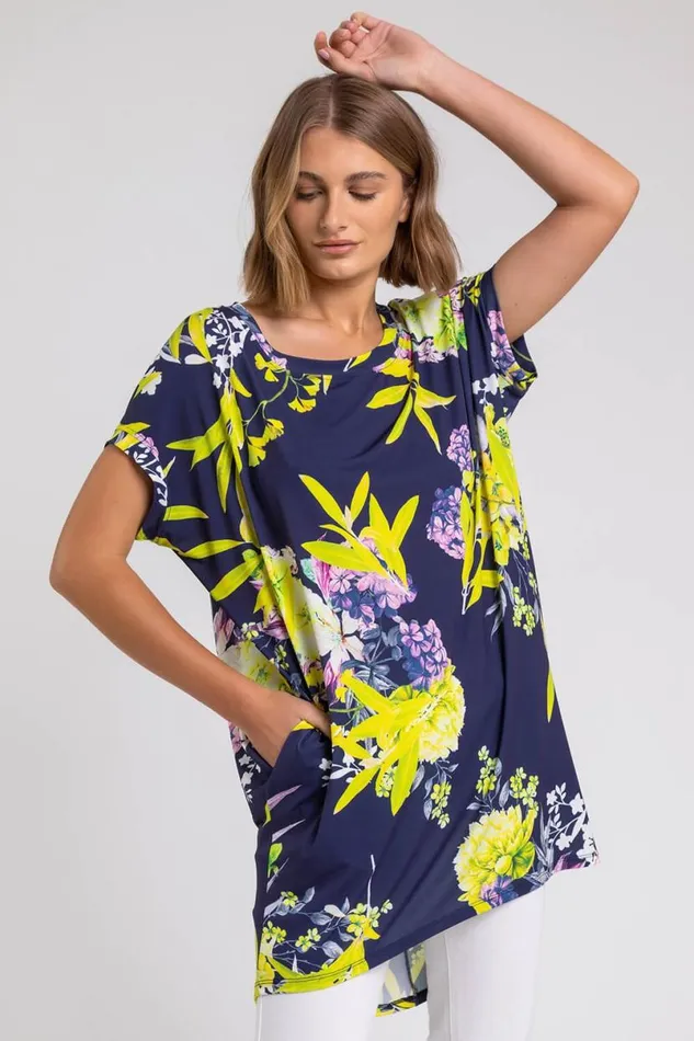 Yellow Floral Print Pocket Tunic Top Women Roman Tops